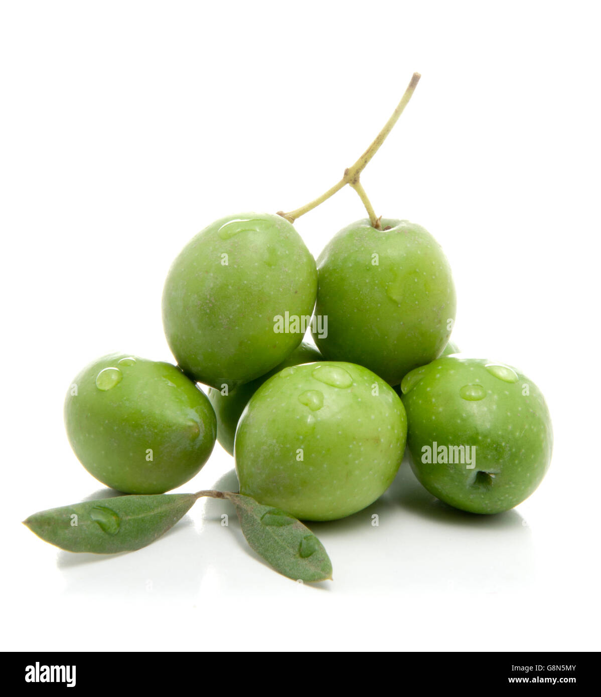 Fresh Wet Green Olives Isolated on White Background Stock Photo