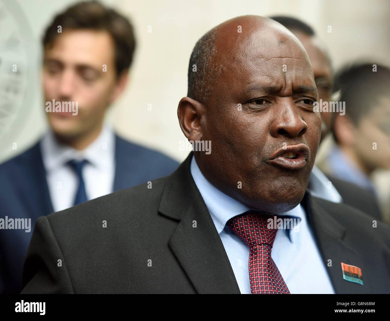 Chagossian leader Olivier Bancoult, who has been fighting in the courts on behalf of former residents of the Chagos Islands who were forcibly removed from their homeland more than 40 years ago, speaks outside the Supreme Court in London after the islanders lost their latest legal challenge. Stock Photo