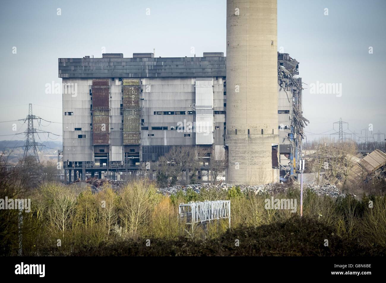The scene at Didcot Power Station, Oxfordshire, where one person died and a major search operation was under way for three others after a building collapsed at the power station. Stock Photo