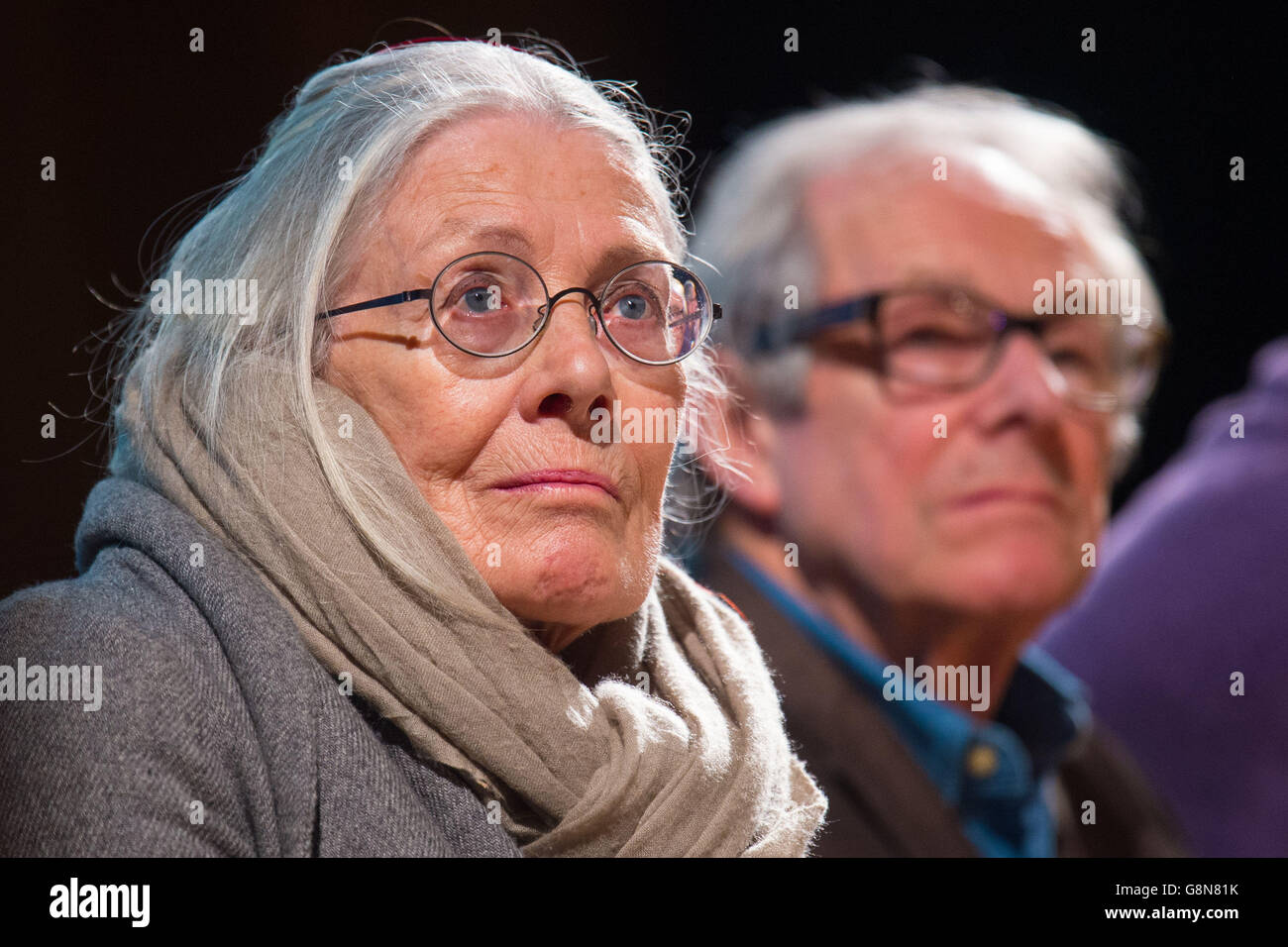 Ken Loach and Vanessa Redgrave during the Save Our NHS rally, at Conway Hall in London, organised by the People's Assembly, to defend the NHS and support junior doctors following the government's decision to impose new contracts. Stock Photo