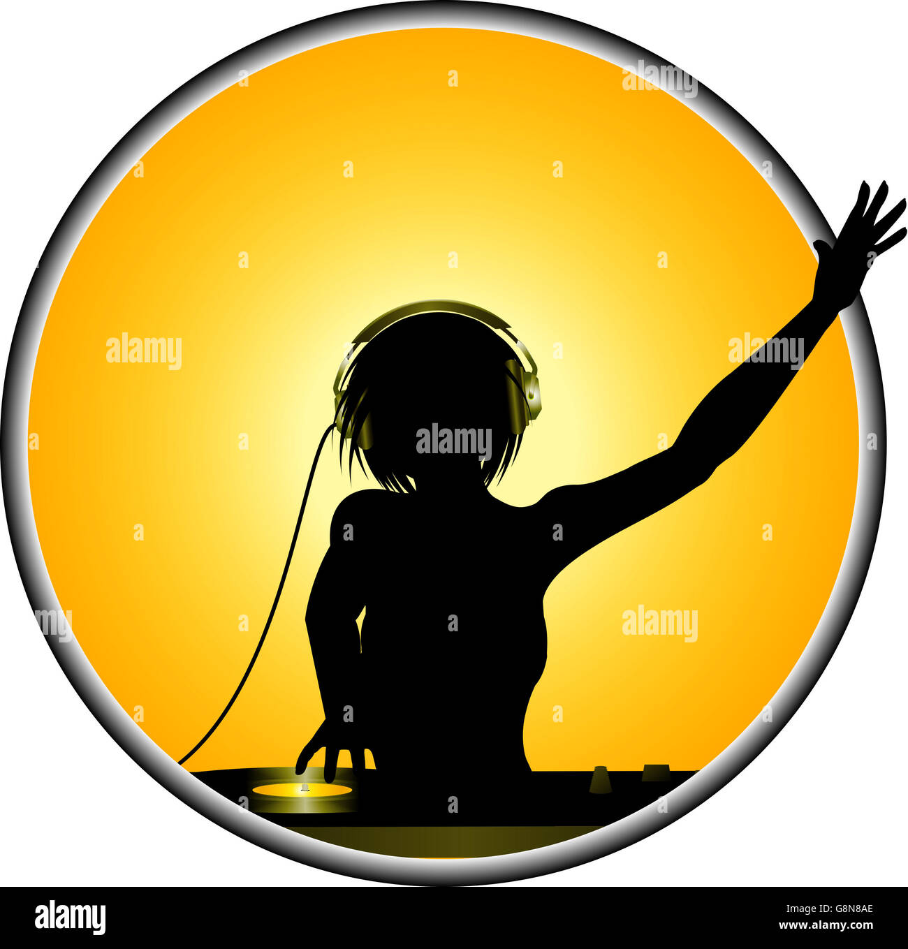 Female DJ with Headphone and Record Decks Over Metallic Border with Yellow  Background Stock Photo - Alamy, image size:1300x1359