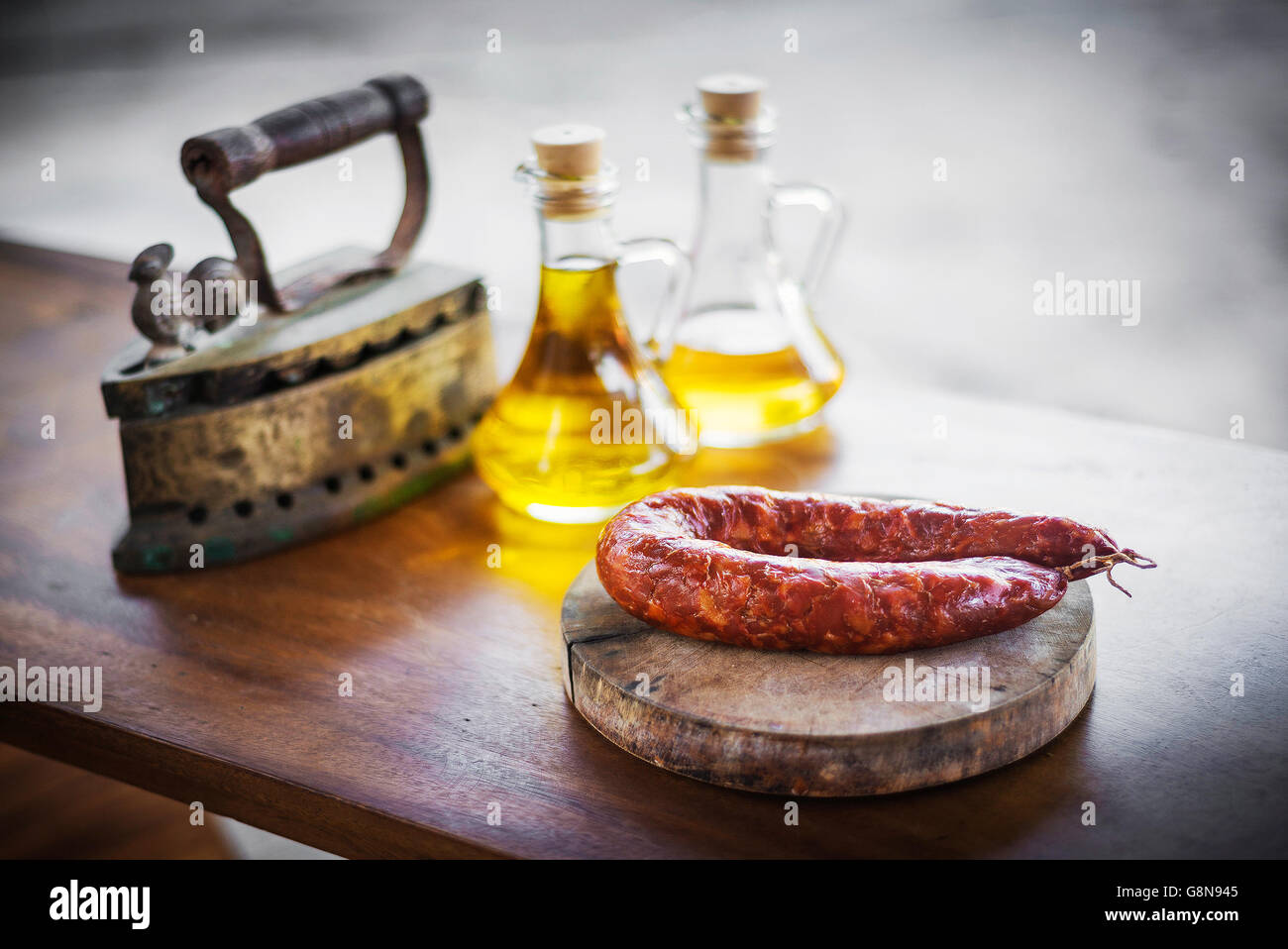 traditional spanish portuguese smoked pork chorizo courico rustic spicy sausage Stock Photo
