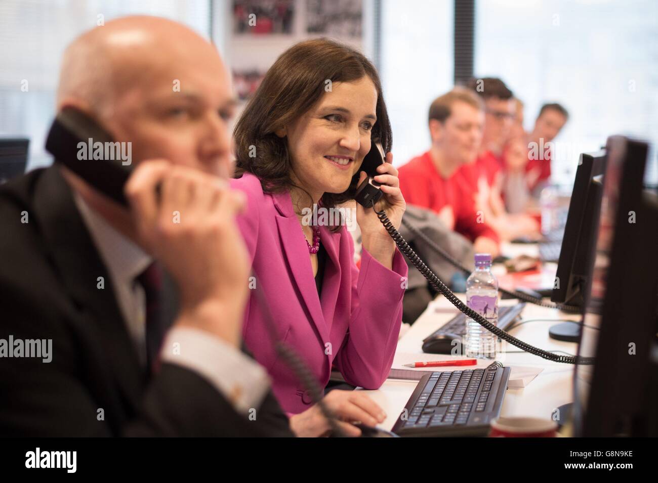 Iain Duncan Smith and Theresa Villiers join activists canvassing voters by phone following the launch of the Vote Leave campaign at the group's headquarters in central London. Stock Photo
