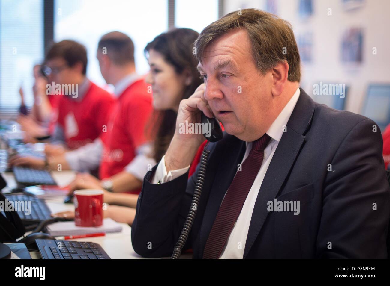 Culture Secretary John Whittingdale joins activists canvassing voters by phone following the launch of the Vote Leave campaign at the group's headquarters in central London. Stock Photo