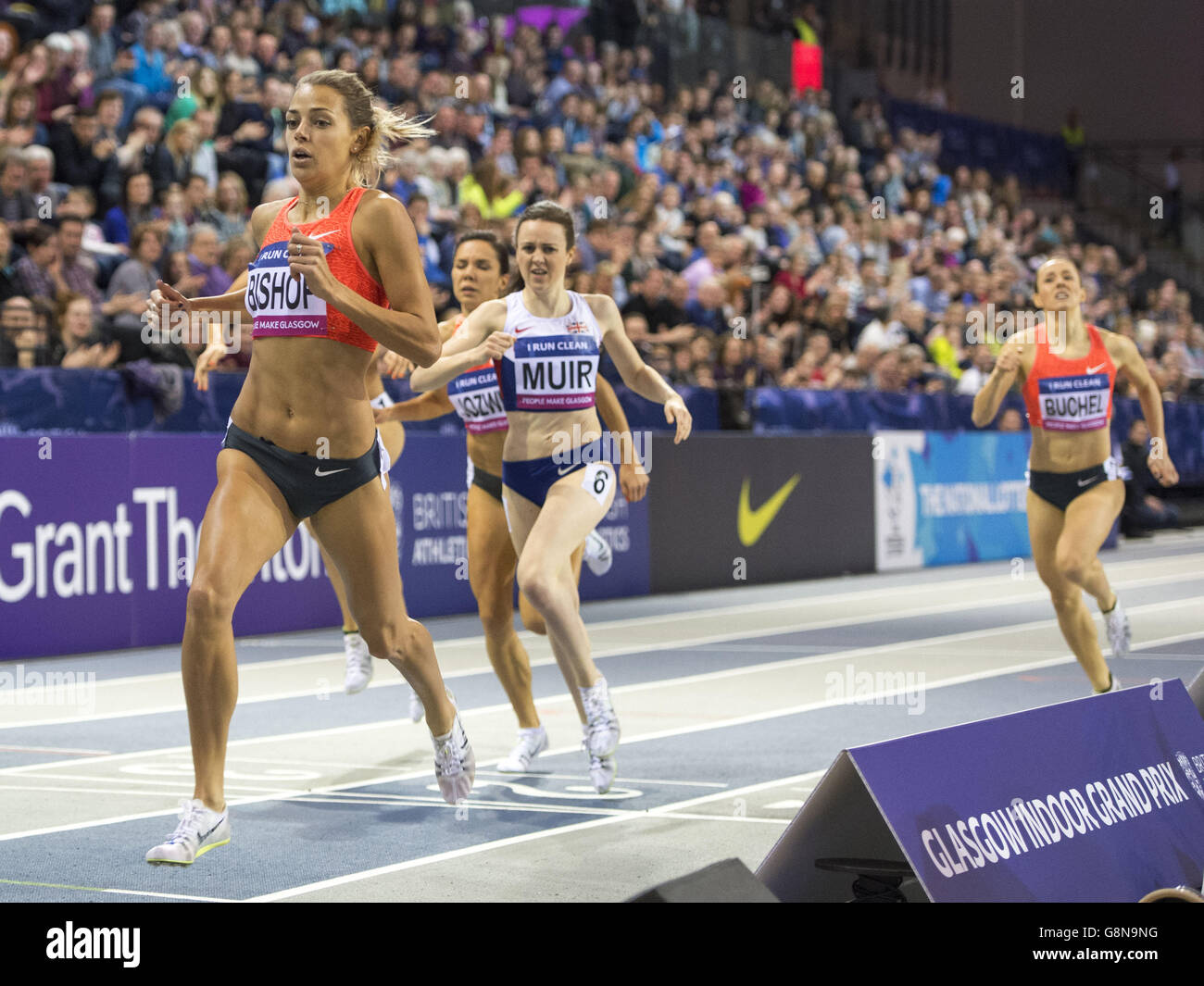 Canada's Melissa Bishop (left) wins the Womens 800m with Scotlands Laura Muir behind during the Glasgow Indoor Grand Prix at the Emirates Arena, Glasgow. Stock Photo