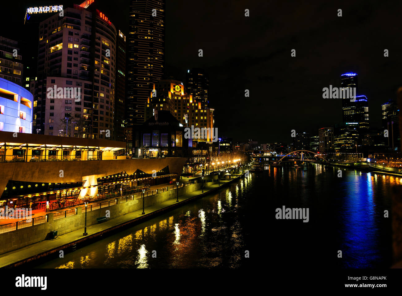 central melbourne city river side modern urban skyline at night in australia Stock Photo