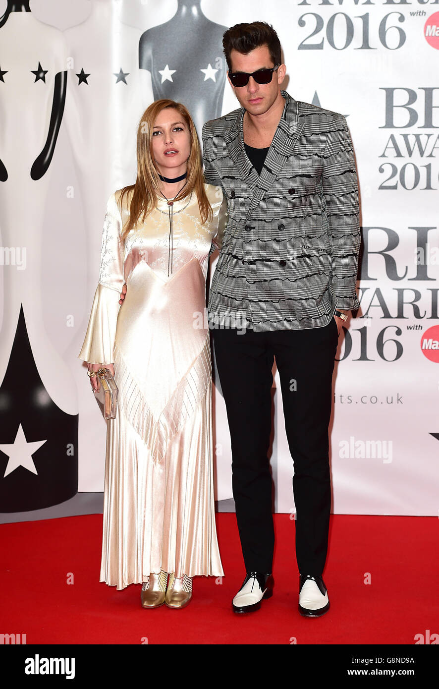 Mark Ronson and Josephine de La Baume arriving for the 2016 Brit Awards at the O2 Arena, London. PRESS ASSOCIATION Photo. Picture date: Wednesday February 24, 2016. See PA story SHOWBIZ Brits. Photo credit should read: Ian West/PA Wire Stock Photo