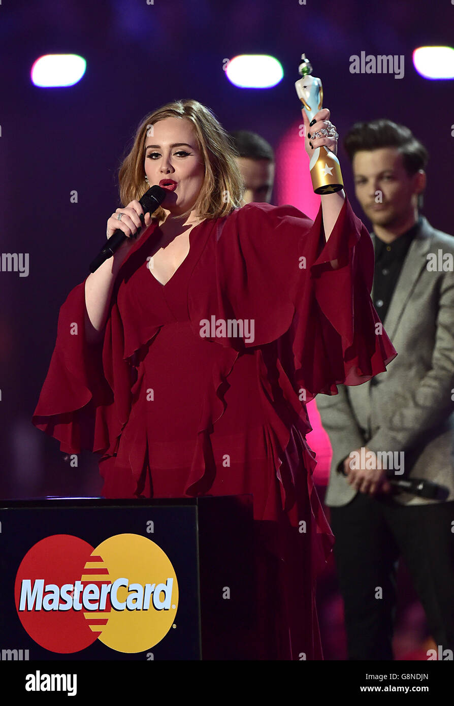 Adele wins the British Female Solo Artist award on stage during the