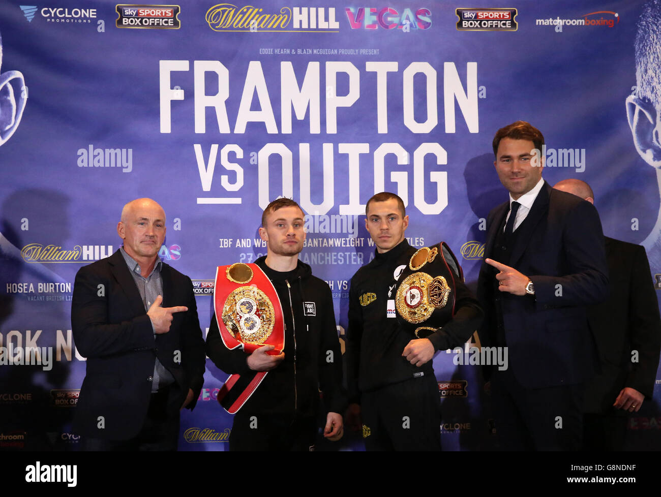 Carl Frampton (second left) and Scott Quigg (second right) alongside promoters Barry McGuigan and Eddie Hearn go head to head after a press conference at the Radisson Blu Hotel, Manchester. Stock Photo