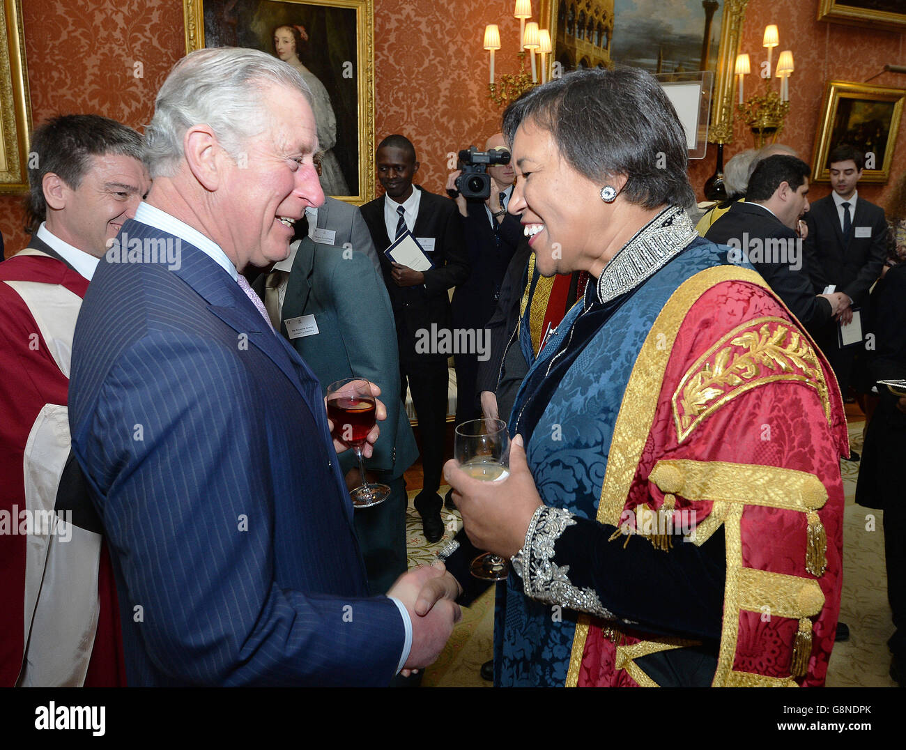 The Prince of Wales with Baroness Scotland at a reception after the presentation of The Queen's Anniversary Prizes for higher and further education in Buckingham Palace, London. Stock Photo