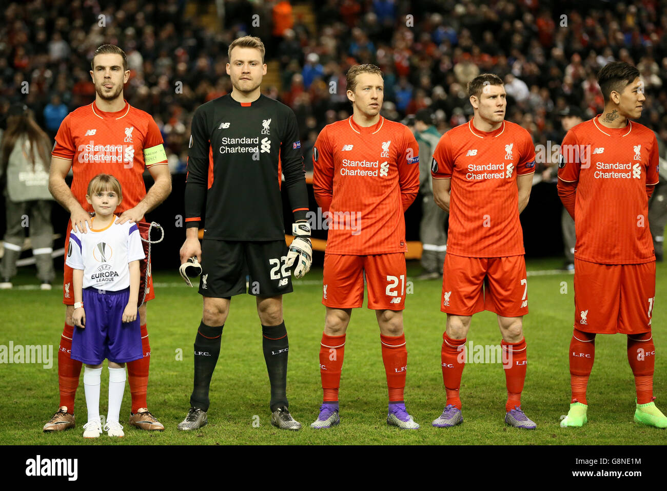 Liverpool's Jordan henderson, Simon Mignolet, Lucas Leiva, James Milner and Roberto Firmino (left to right) line up before the UEFA Europa League match at Anfield, Liverpool. PRESS ASSOCIATION Photo. Picture date: Thursday February 25, 2016. See PA story SOCCER Liverpool. Photo credit should read: PA Wire. Stock Photo