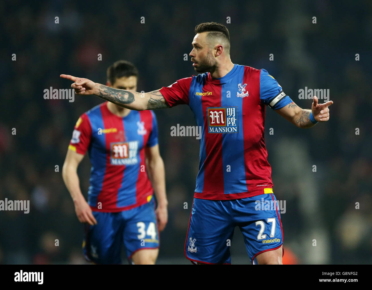 Crystal Palace's Damien Delaney appeals a decision from the linesman during the Barclays Premier League match at The Hawthorns, West Bromwich. Stock Photo