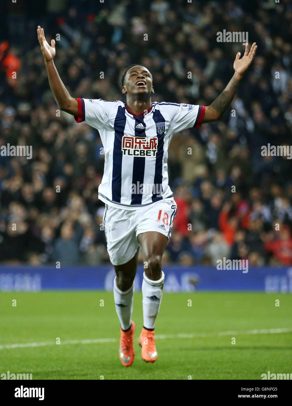 West Bromwich Albion's Saido Berahino celebrates scoring his side's third goal of the game during the Barclays Premier League match at The Hawthorns, West Bromwich. Stock Photo
