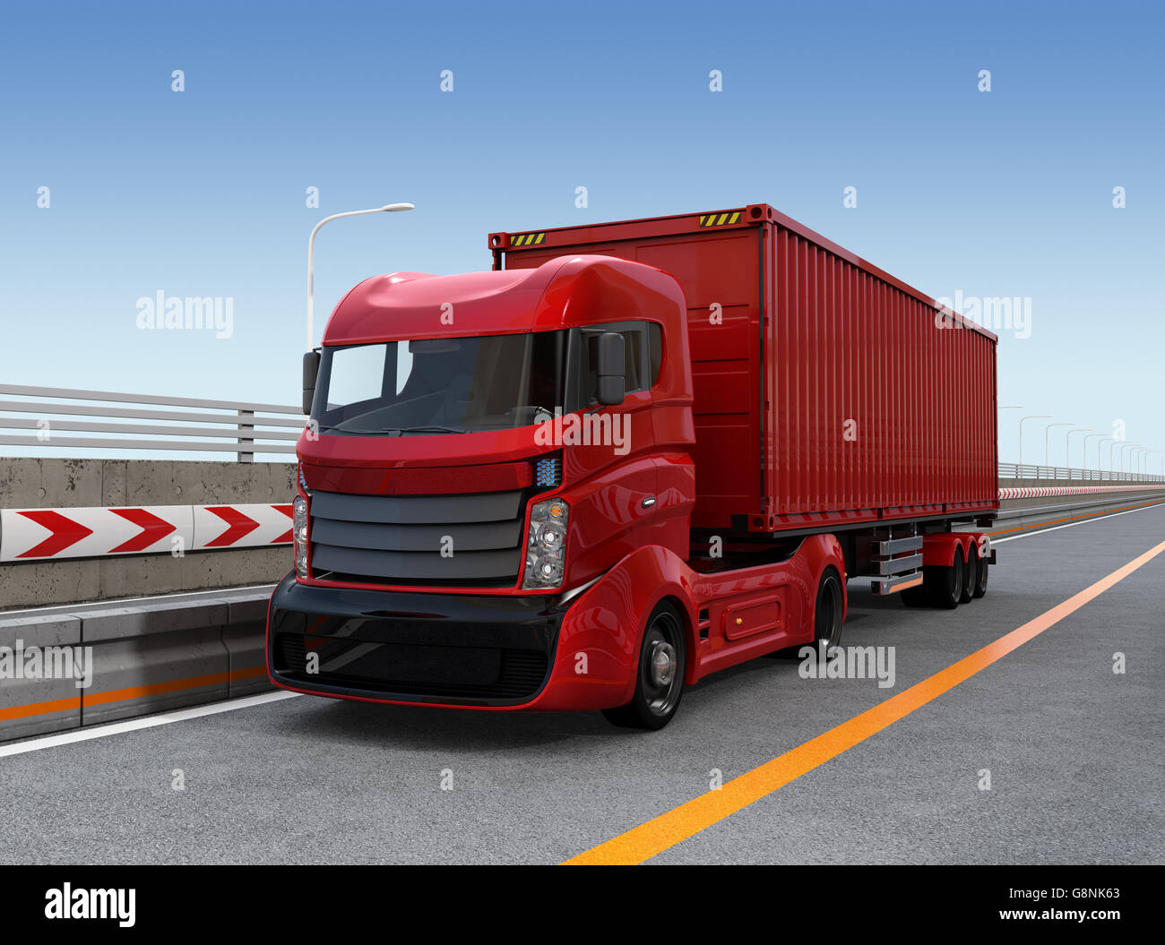 Red container truck on the highway. 3D rendering image. Stock Photo
