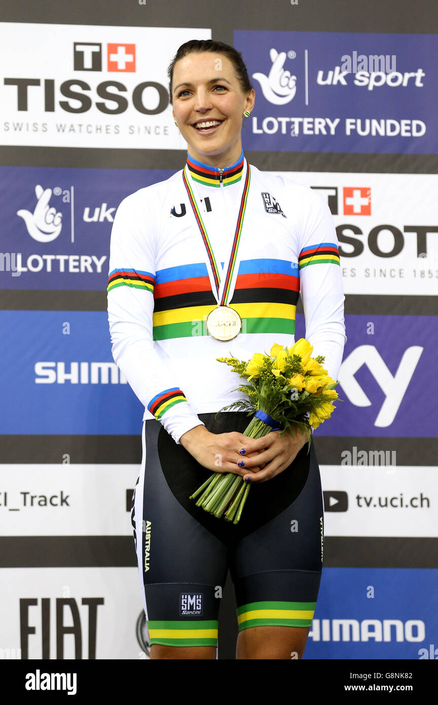 Australia's Rebecca Wiasak with her gold medal after winning the Women's Individual Pursuit final during day one of the UCI Track Cycling World Championships at Lee Valley VeloPark, London. Stock Photo