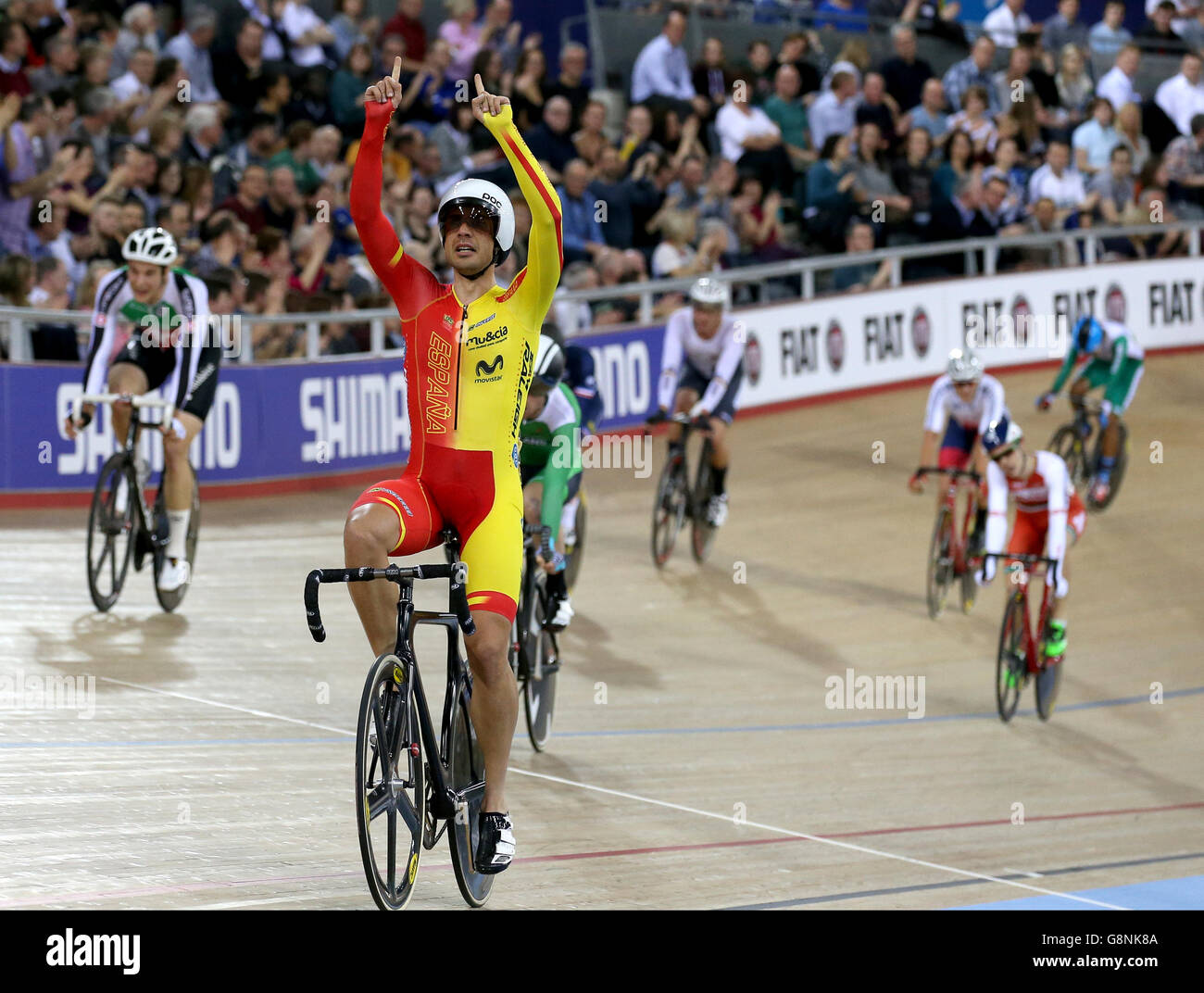 Spain's Sebastian Mora Vedri celebrates winning the Men's Scratch Race final during day one of the UCI Track Cycling World Championships at Lee Valley VeloPark, London. Stock Photo