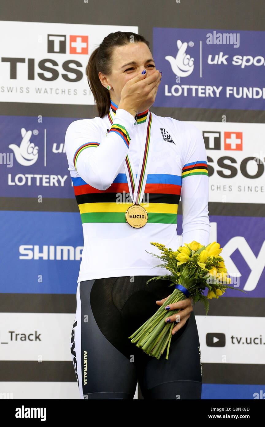 Australia's Rebecca Wiasak with her gold medal after winning the Women's Individual Pursuit final during day one of the UCI Track Cycling World Championships at Lee Valley VeloPark, London. Stock Photo