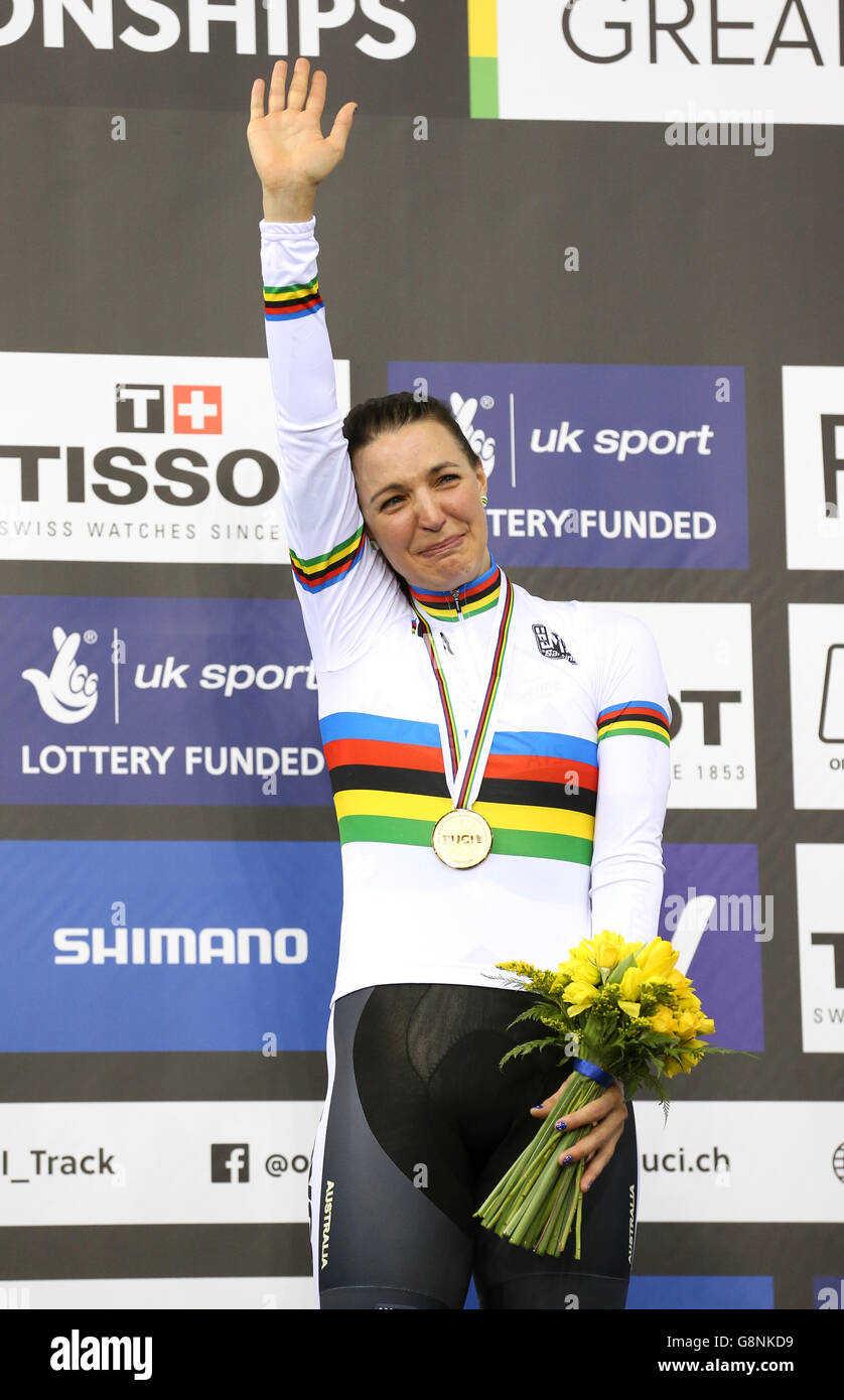 Australia's Rebecca Wiasak with her with her gold medal on the podium after winning the Women's Individual Pursuit final during day one of the UCI Track Cycling World Championships at Lee Valley VeloPark, London. Stock Photo