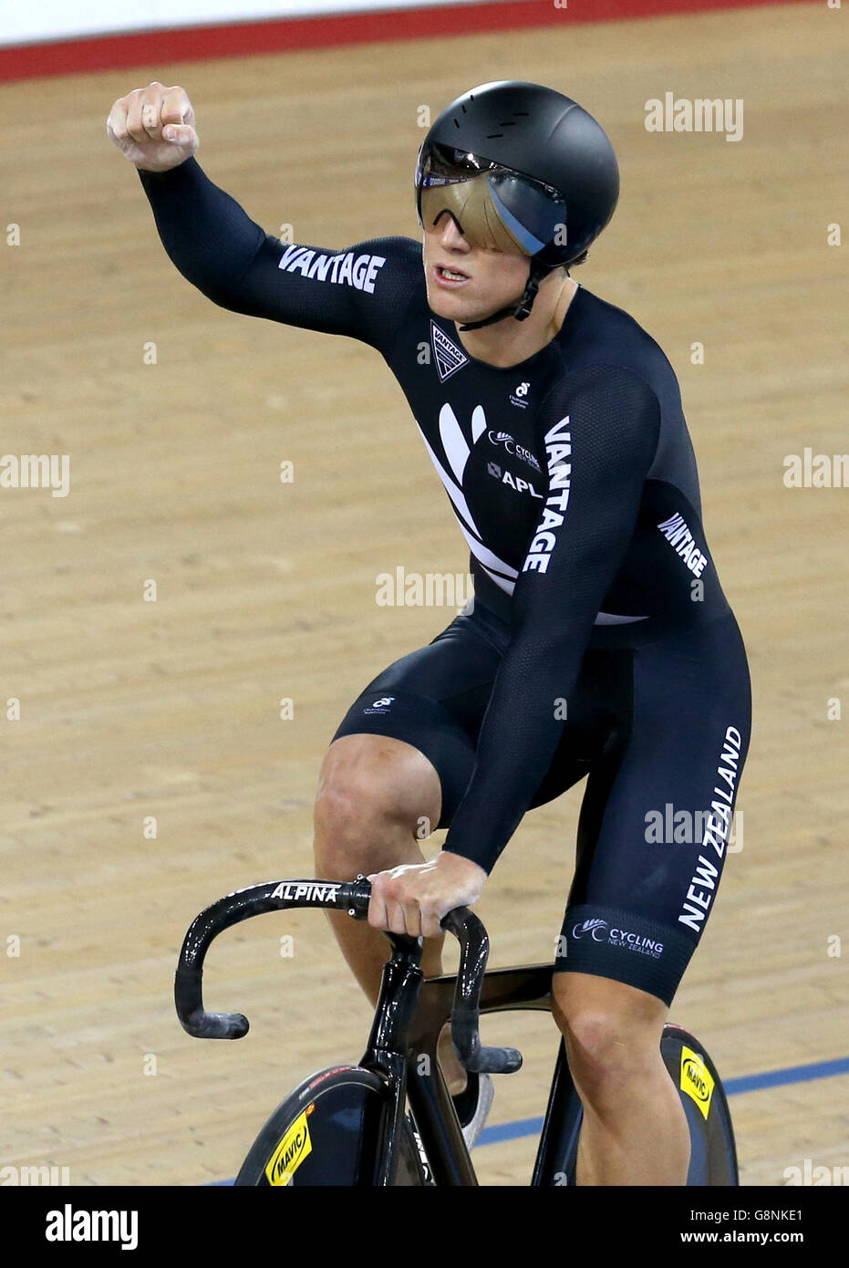 New Zealand's Ethan Mitchell celebrates after winning the Men's Team Spring final during day one of the UCI Track Cycling World Championships at Lee Valley VeloPark, London. Stock Photo