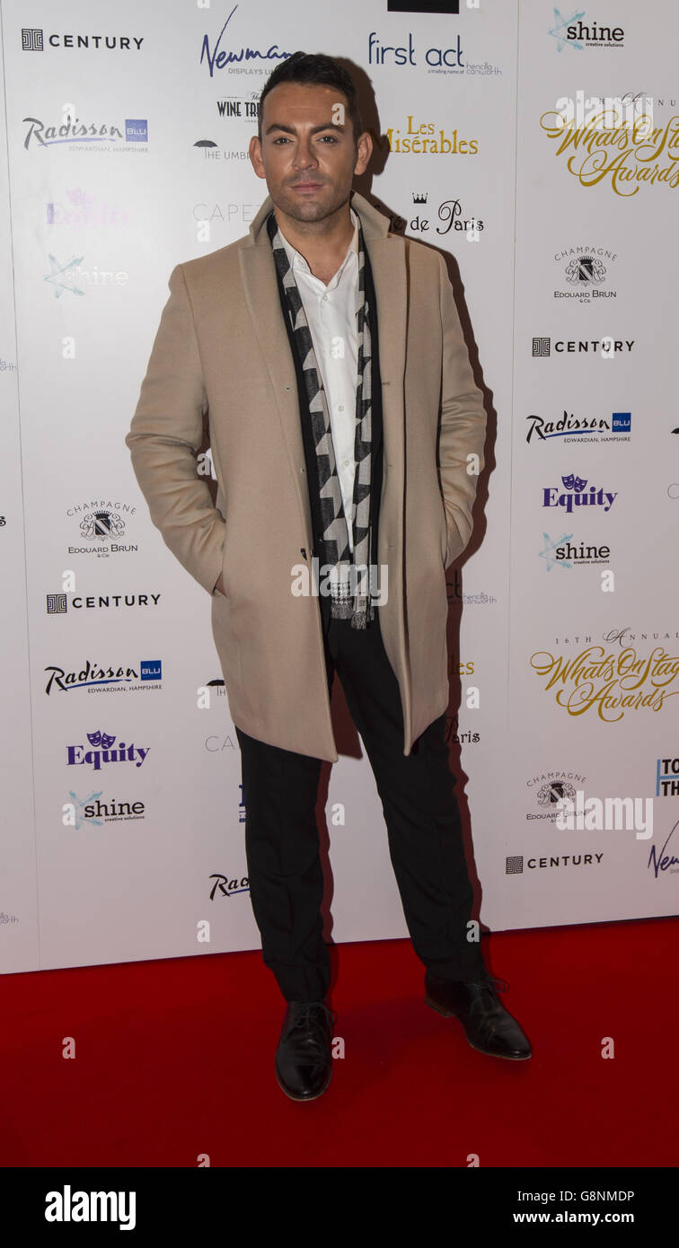 Ben Forster arrives at the 16th Annual WhatsOnStage Awards at the Prince of Wales Theatre, London. Stock Photo