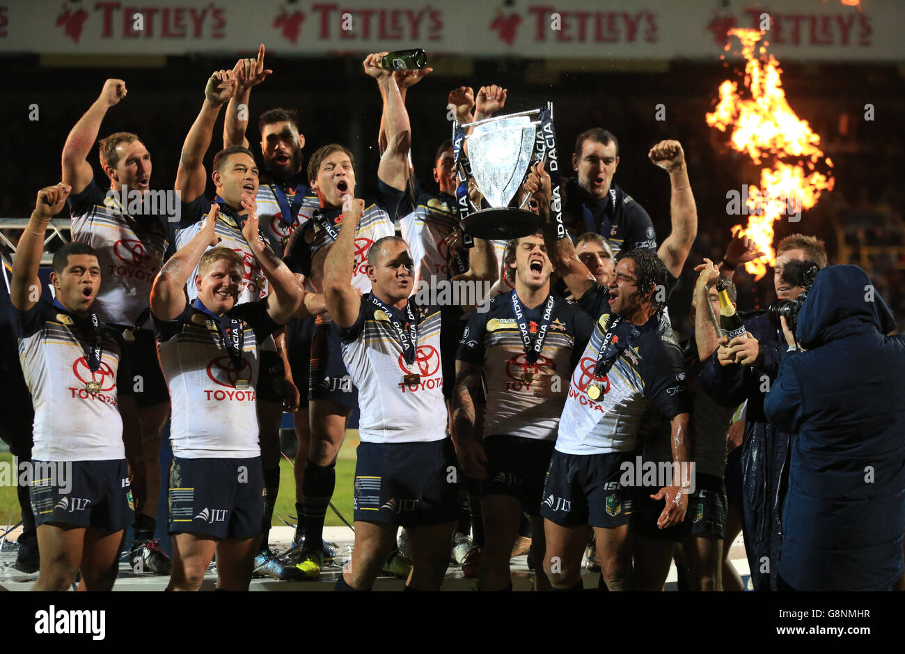 Leeds Rhinos v North Queensland Cowboys - 2016 World Club Series - Headingley Stadium. North Queensland Cowboys lift the World Club Series trophy at Headingley Stadium, Leeds. Stock Photo