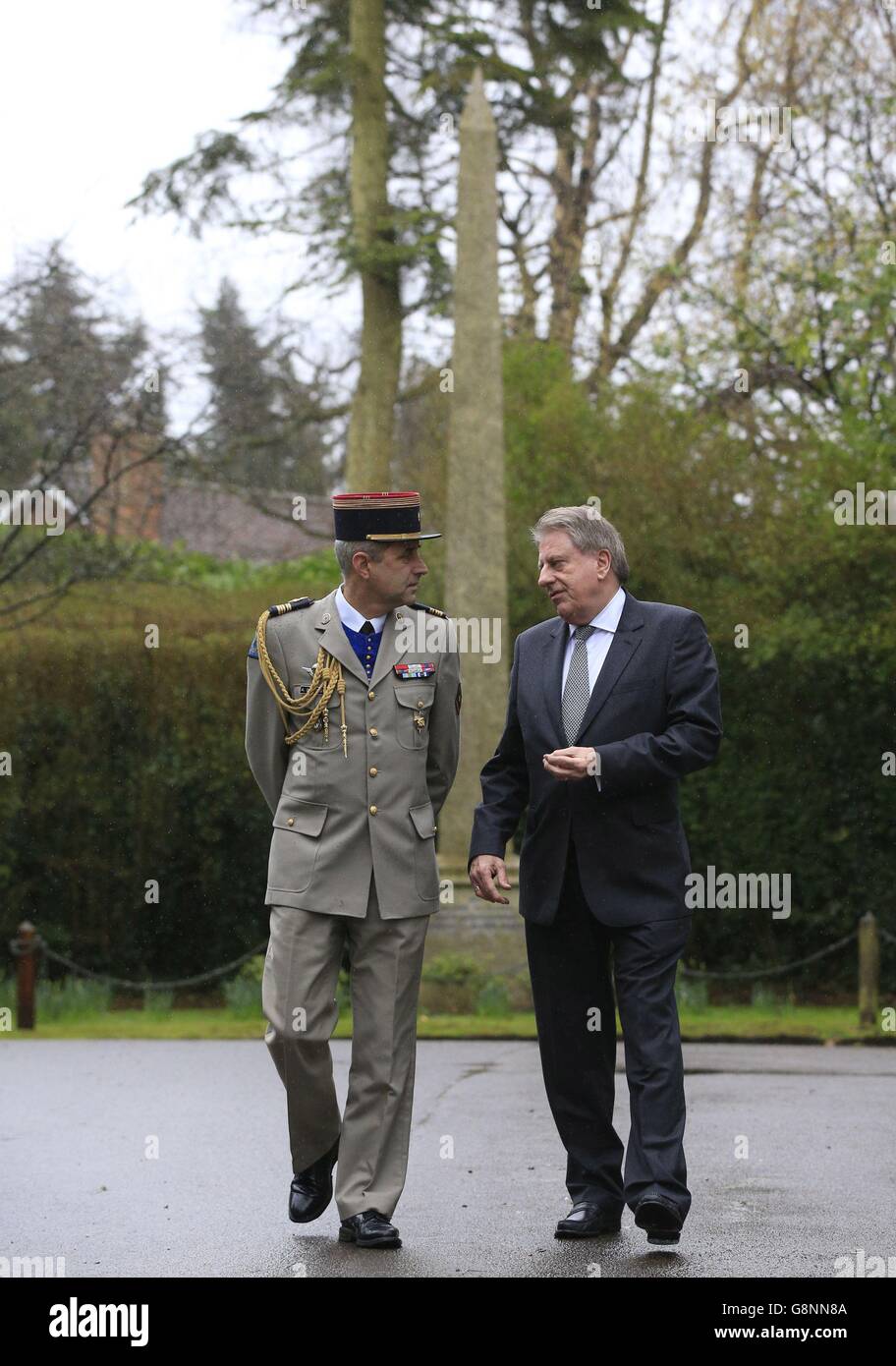 Colonel Antoine De Loustal (left), the Defence Attache for the French Embassy in London, and Heritage Minister David Evennett visit the Promenade de Verdun memorial landscape and obelisk in Croydon, which has been awarded Grade II listed status in honour of the centenary of the Battle of Verdun. Stock Photo