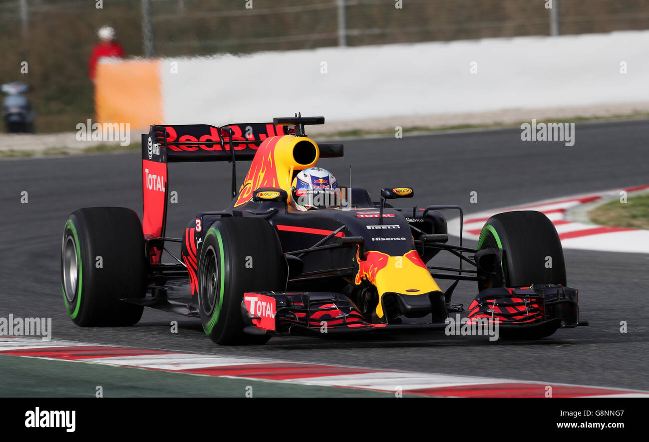 Red Bull's Daniel Ricciardo during day one of testing at the Circuit de Catalunya, Barcelona. Stock Photo