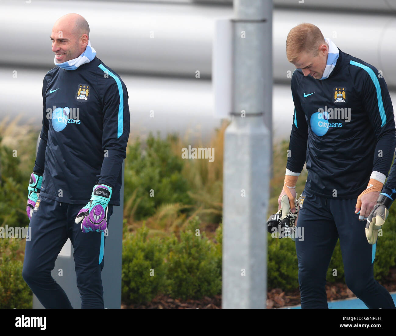 Manchester City goalkeeper Willy Caballero and Joe Hart during a training session ahead of the Capital One Cup Final, at City Football Academy, Manchester. Stock Photo