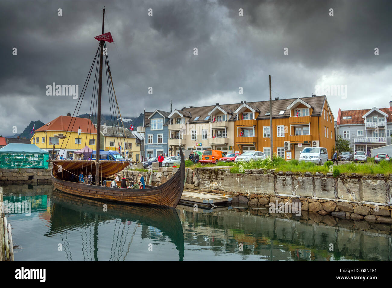 Lofotr (viking long-ship) reconstruction Lofotr Viking Museum, Kabelvag, Lofoten Islands, Norway Stock Photo