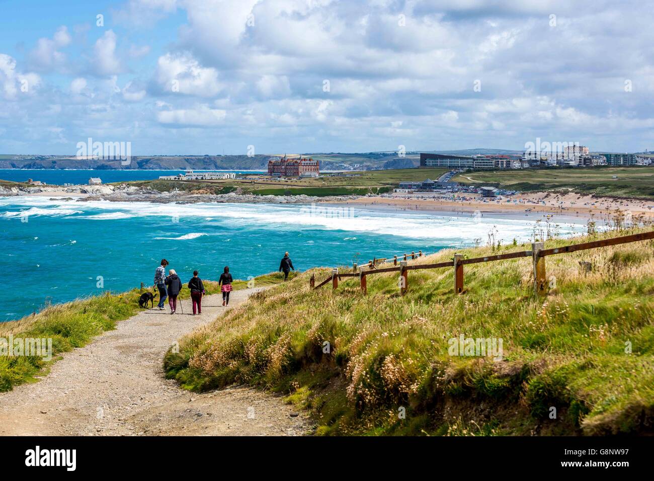 The coastal path to Fistral Beach, Newquay, Cornwall where there is surfing and great holidays. Stock Photo