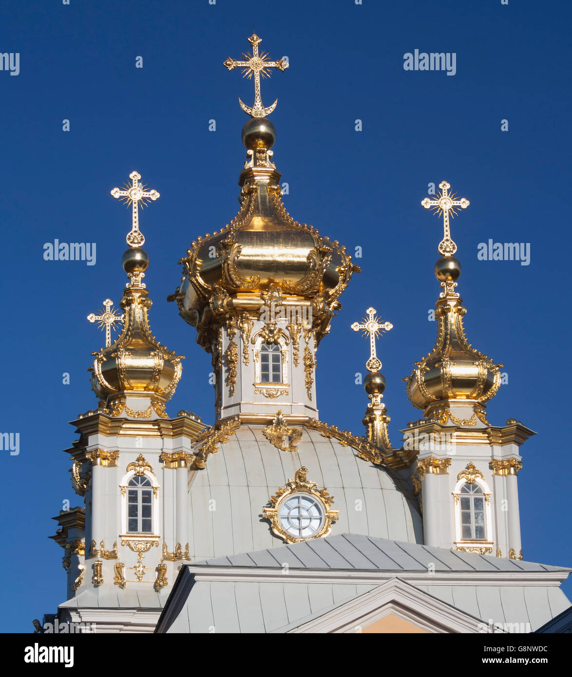 golden domes of church in peterhof russia Stock Photo