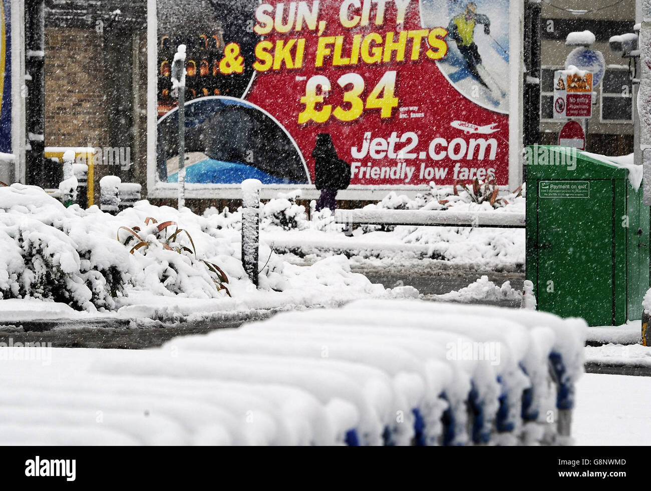 Heavy snow at the terminal for Leeds Bradford Airport which was forced to close while crews worked to clear the runway, as parts of the UK woke up to almost four inches of snow on Friday morning as March continues to feel more like winter than spring. Stock Photo