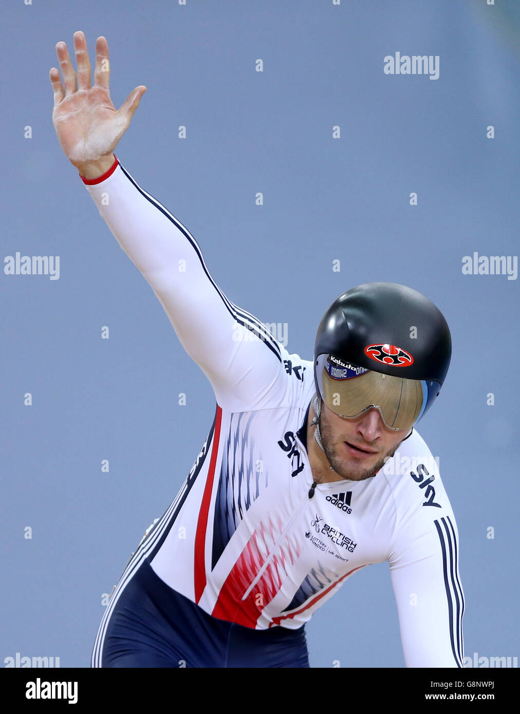 Great Britain's Callum Skinner celebrates after the Men's Sprint qualifying during day three of the UCI Track Cycling World Championships at Lee Valley VeloPark, London. Stock Photo