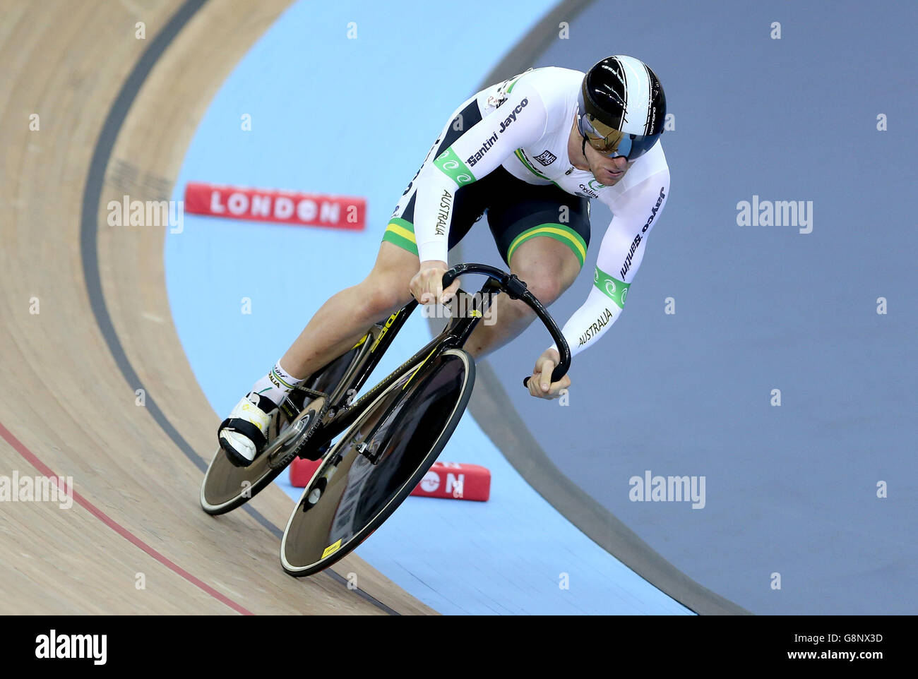 Australia's Jacob Schmid competes in the Men's Sprint during day three of the UCI Track Cycling World Championships at Lee Valley VeloPark, London. PRESS ASSOCIATION Photo. Picture date: Friday March 4, 2016. See PA story CYCLING World. Photo credit should read: Tim Goode/PA Wire. Stock Photo