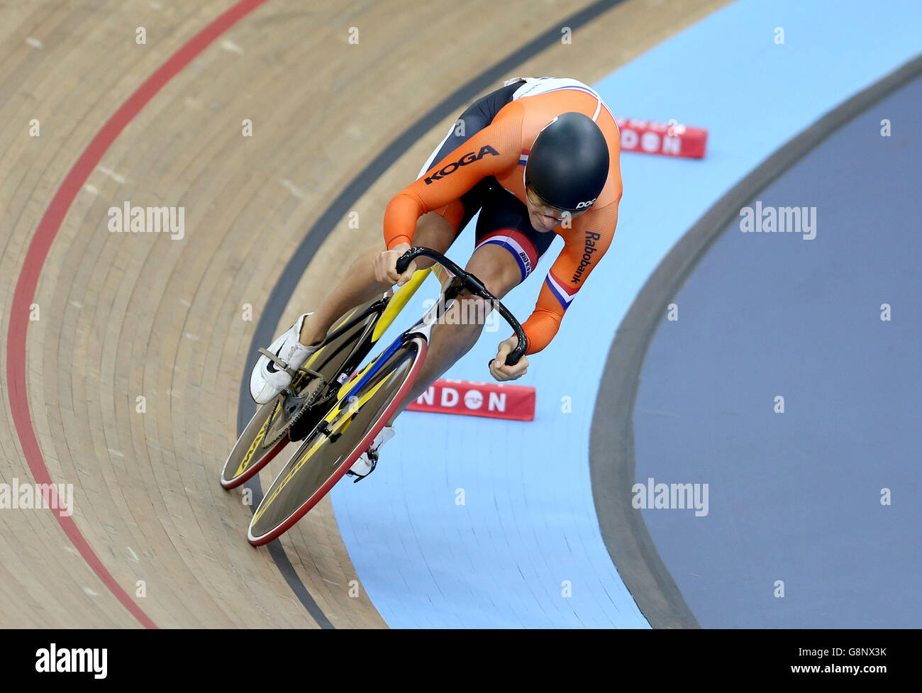 The Netherland's Theo Bos competes in the Men's Sprint during day three of the UCI Track Cycling World Championships at Lee Valley VeloPark, London. PRESS ASSOCIATION Photo. Picture date: Friday March 4, 2016. See PA story CYCLING World. Photo credit should read: Tim Goode/PA Wire. Stock Photo