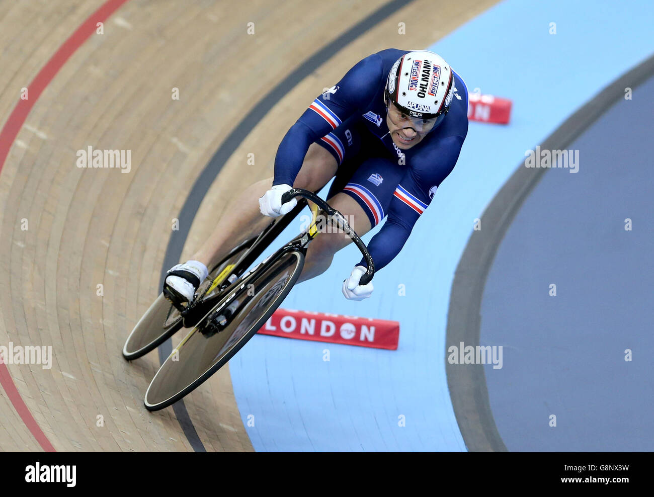 France's Francois Pervis competes in the Men's Sprint during day three of the UCI Track Cycling World Championships at Lee Valley VeloPark, London. PRESS ASSOCIATION Photo. Picture date: Friday March 4, 2016. See PA story CYCLING World. Photo credit should read: Tim Goode/PA Wire. Stock Photo