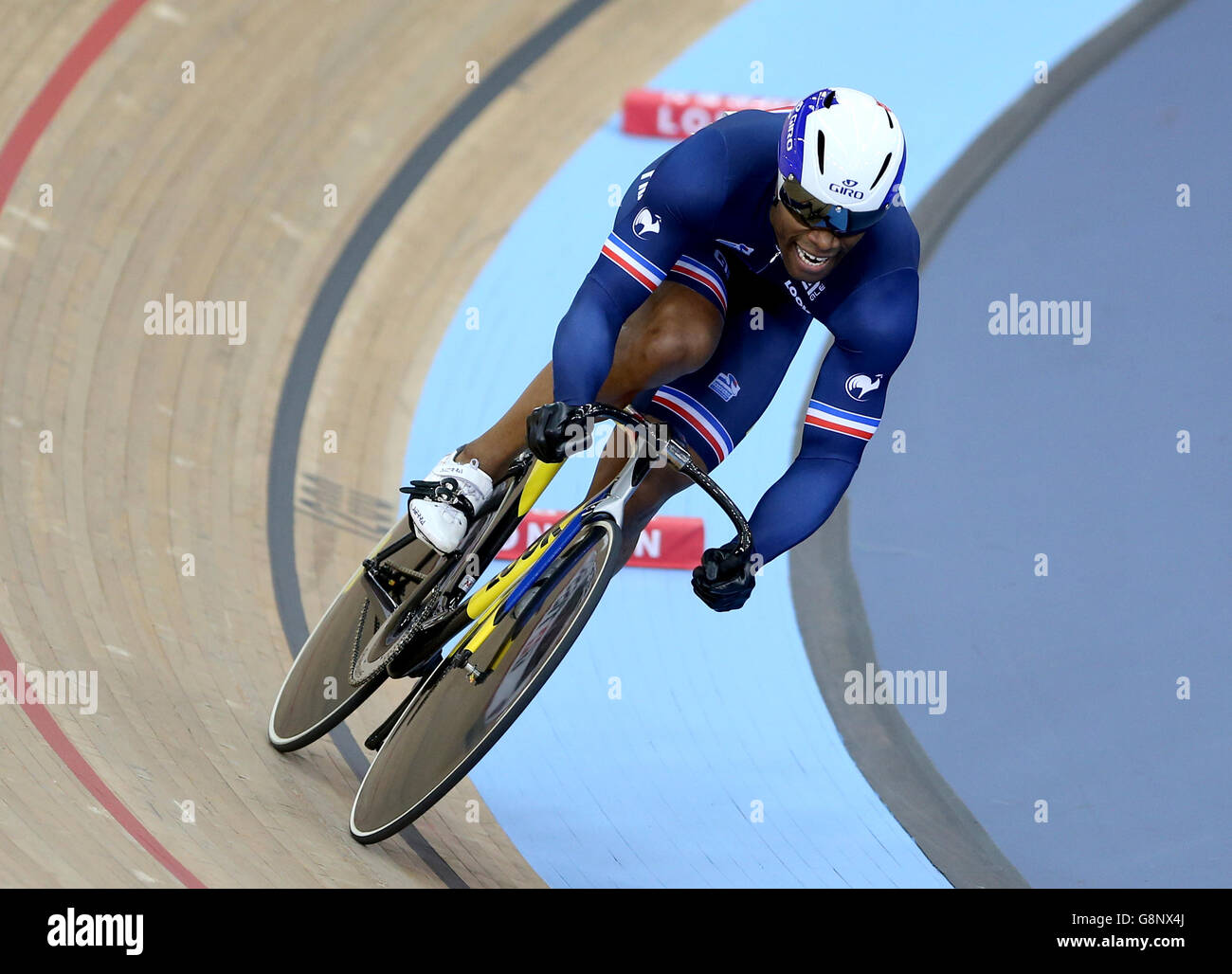 France's Gregory Bauge competes in the Men's Sprint during day three of the UCI Track Cycling World Championships at Lee Valley VeloPark, London. PRESS ASSOCIATION Photo. Picture date: Friday March 4, 2016. See PA story CYCLING World. Photo credit should read: Tim Goode/PA Wire. Stock Photo