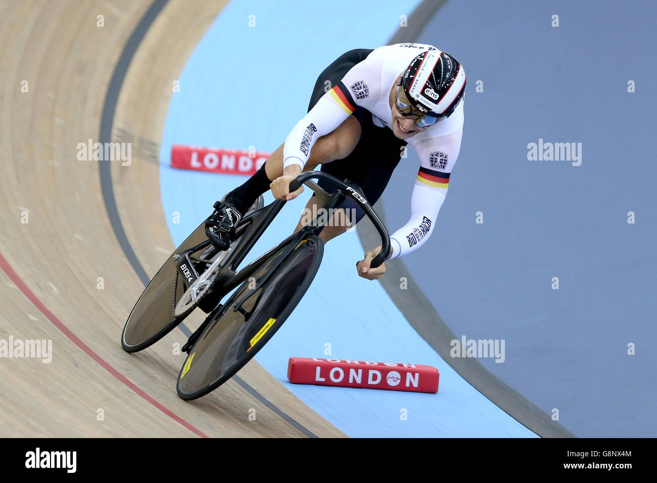 Germany's Max Niederlag competes in the Men's Sprint during day three of the UCI Track Cycling World Championships at Lee Valley VeloPark, London. PRESS ASSOCIATION Photo. Picture date: Friday March 4, 2016. See PA story CYCLING World. Photo credit should read: Tim Goode/PA Wire. RESTRICTIONS: , No commercial use without prior permission, please contact PA Images for further information: Tel: +44 (0) 115 8447447. Stock Photo