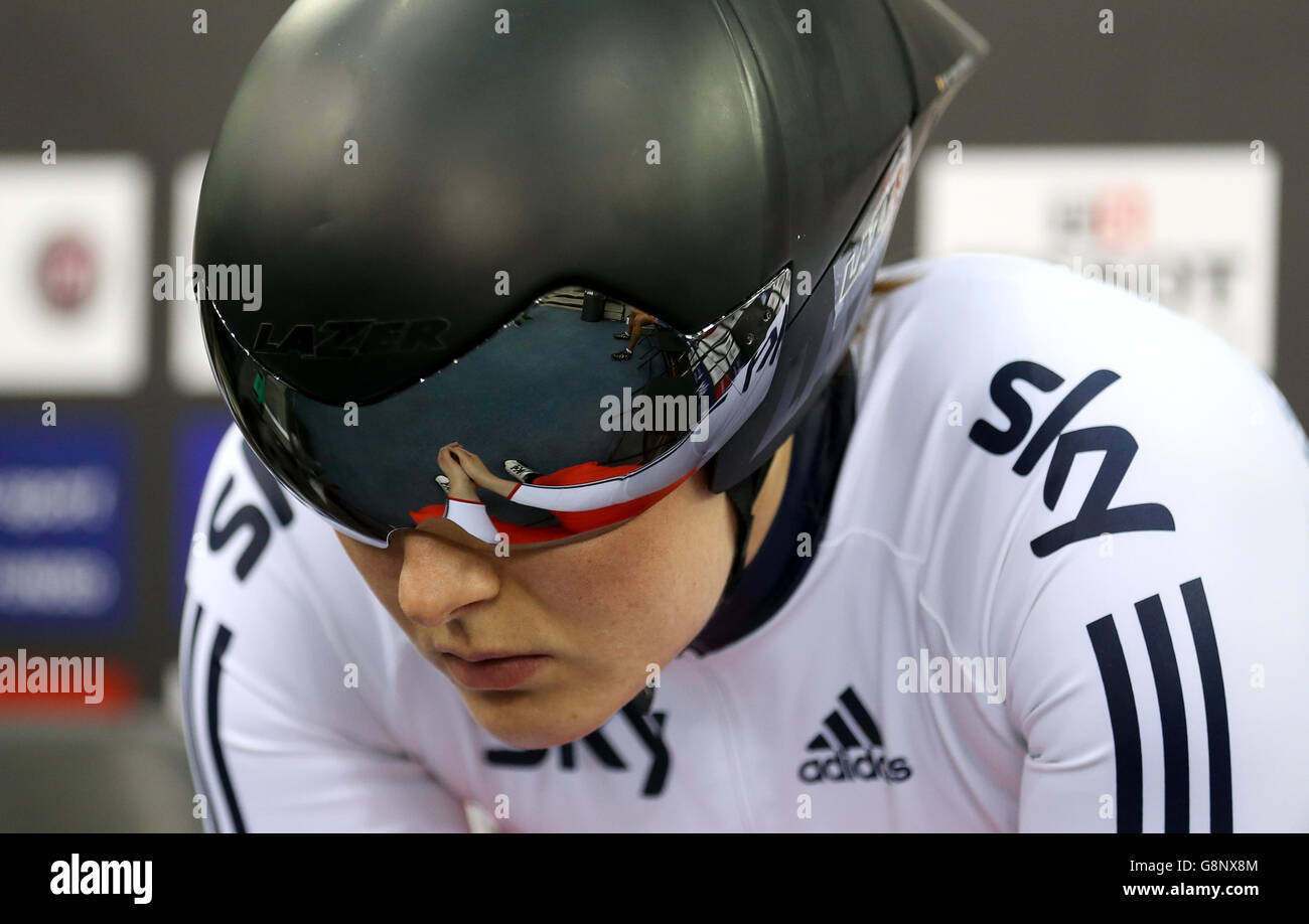 Great Britain's Katy Marchant before competing in the Women's 500m Time Trial during day three of the UCI Track Cycling World Championships at Lee Valley VeloPark, London. Stock Photo