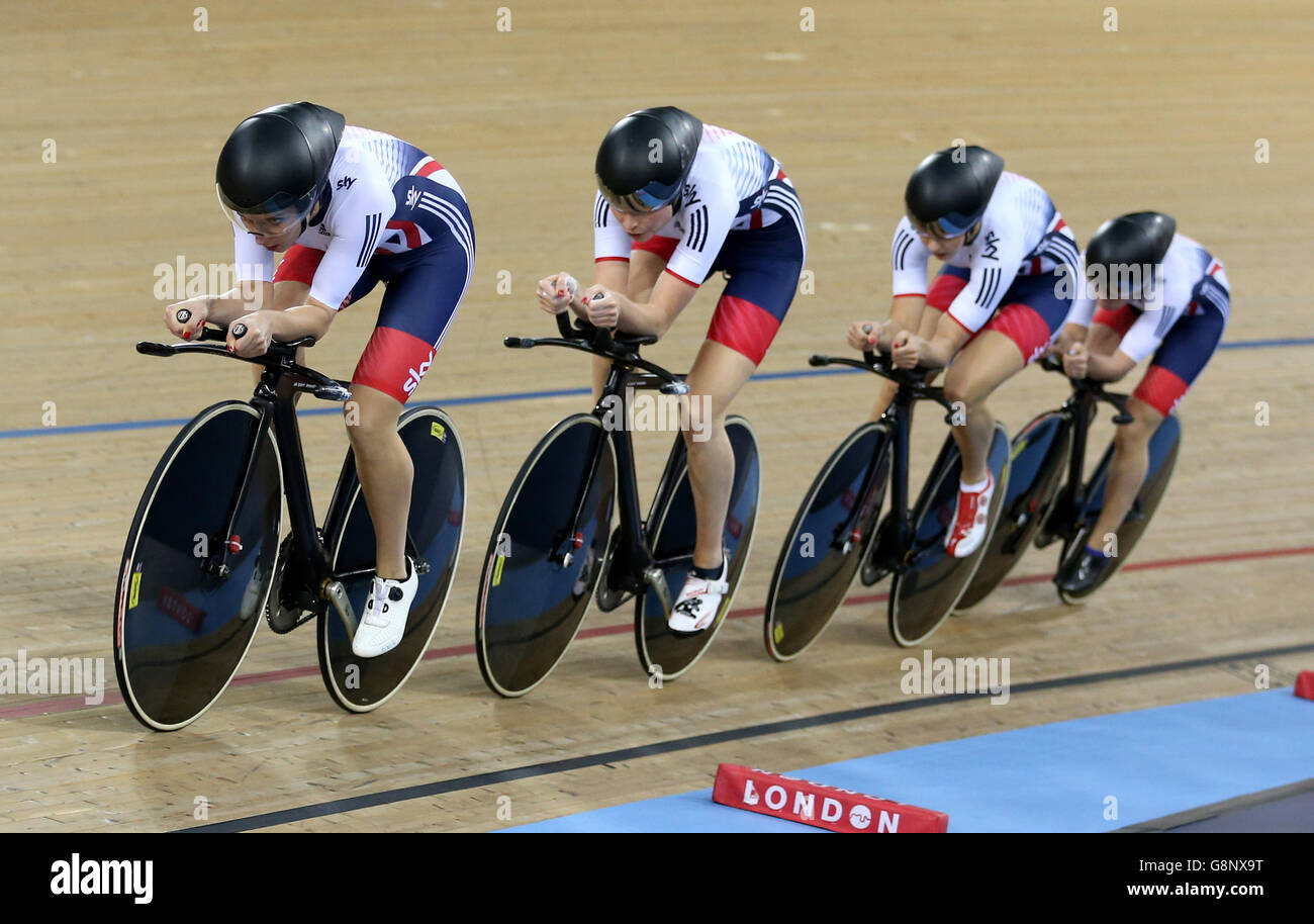 (From left to right) Great Britain's Elinor Barker, Ciara Horne, Joanna Rowsell-Shand and Laura Trott compete in the Women's Team Pursuit first round during day three of the UCI Track Cycling World Championships at Lee Valley VeloPark, London. Stock Photo