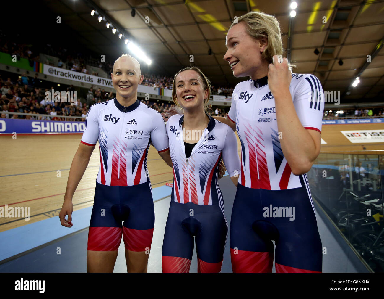 (From left to right) Great Britain's Joanna Rowsell-Shand, Elinor Barker and Ciara Horne after the Women's Team Pursuit during day three of the UCI Track Cycling World Championships at Lee Valley VeloPark, London. Stock Photo
