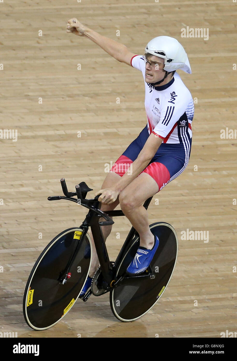 Great Britain's Andrew Tennant celebrates after the Men's Individual Pursuit during day three of the UCI Track Cycling World Championships at Lee Valley VeloPark, London. Stock Photo