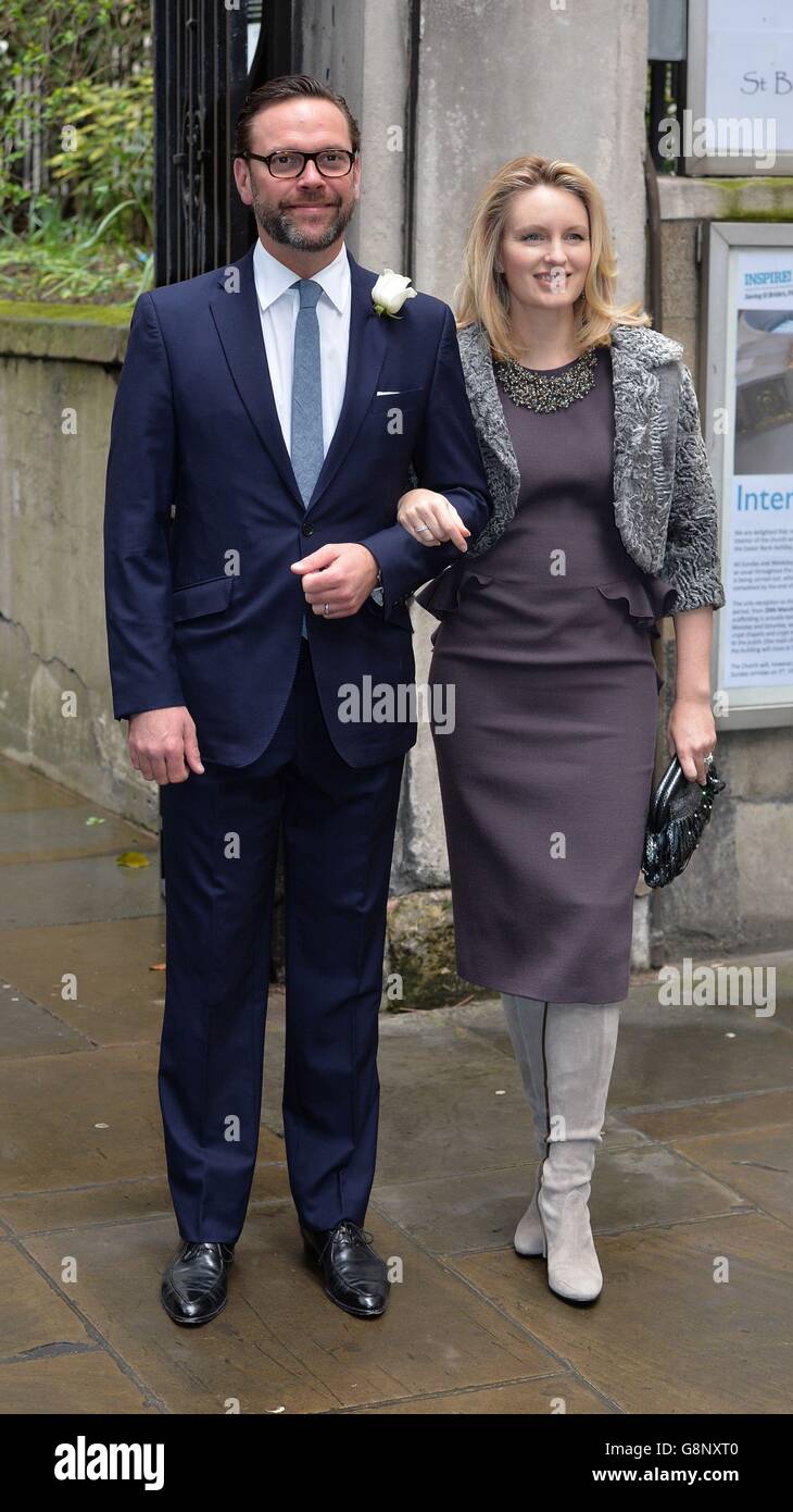 James Murdoch and his wife Kathryn arrive at St Bride's Church in London for a ceremony to celebrate the wedding of Rupert Murdoch and Jerry Hall. Stock Photo