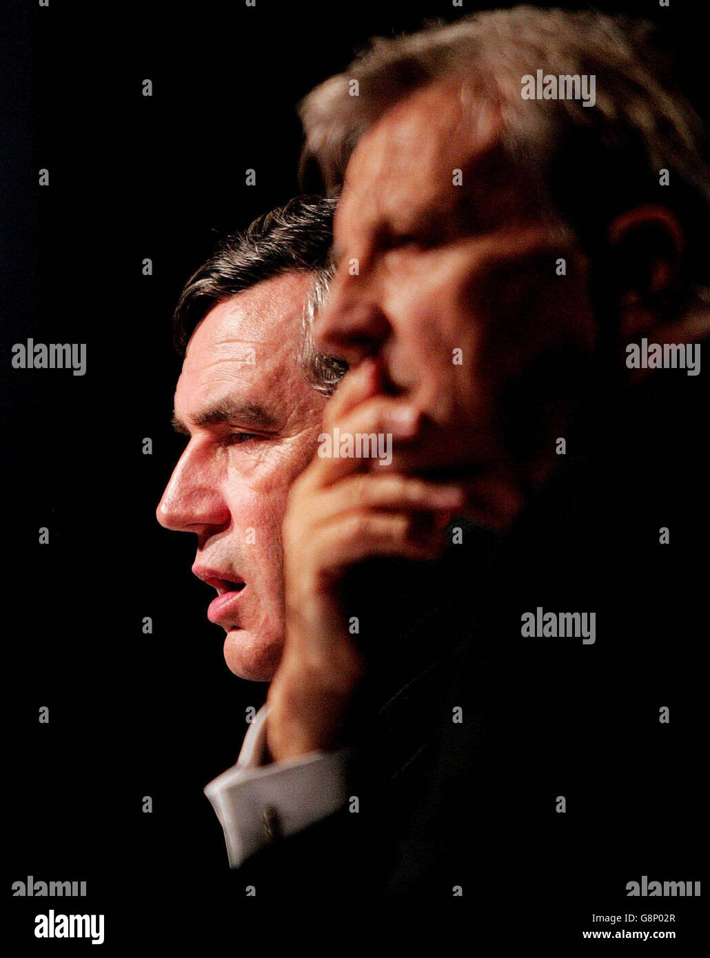 Chancellor Gordon Brown, with Jean-Claude Trichet, President of The European Central Bank, speaking after the Ecofin and Central Bankers Meeting at the G-Mex in Manchester Saturday September 10, 2005. See PA story POLITICS Brown. PRESS ASSOCIATION Photo. Photo credit should read: Martin Rickett/Pool/PA Stock Photo