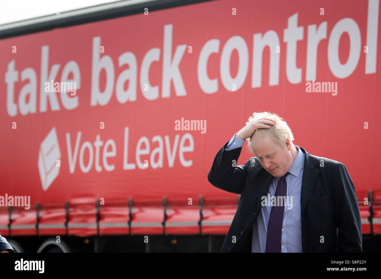 Mayor of London Boris Johnson during a Vote Leave campaign event at the Europa Worldwide freight company in Dartford, Kent. Stock Photo