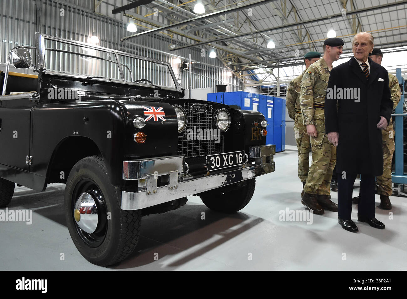 The Duke of Edinburgh, Colonel-in-Chief, Royal Electrical and Mechanical  Engineers (REME), looks at a Black 1960s ceremonial Land Rover Series 2A  Escort Rover formally owned by the Queen Elizabeth The Queen Mother,