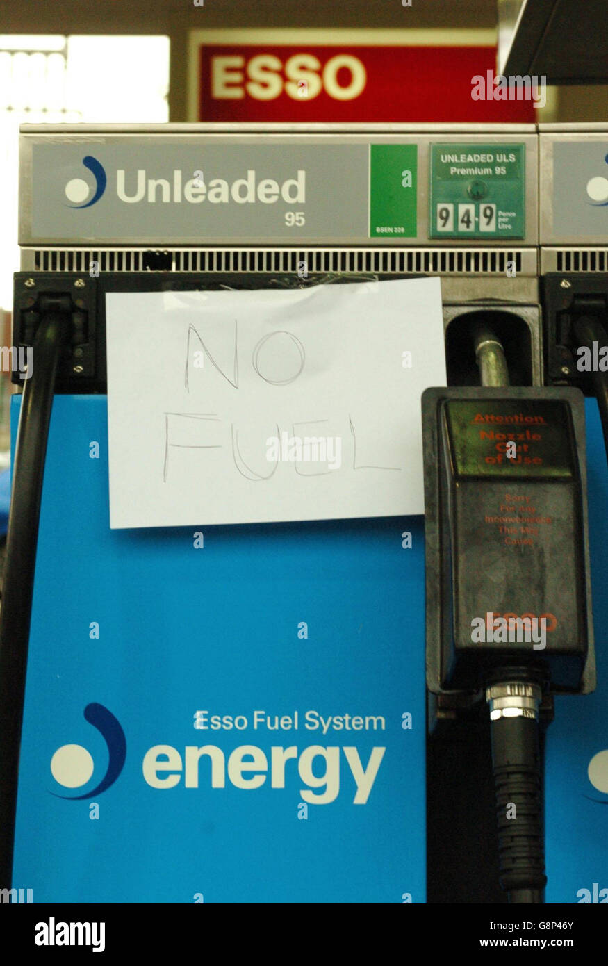 A Generic photograph of a petrol pump taken at Esso, Great Western Rd, Glasgow Tuesday 13 September 2005 Only one pump had run out in the rush to get fuel. at this petrol station. Chancellor Gordon Brown today, Tuesday, September 13, 2005, called for a 'concerted effort' by oil-producing countries to bring down prices. His speech at the TUC in Brighton came on the eve of expected protest about fuel duty. Many petrol stations have reported mass panic buying with fears of a fuel shortage. See PA Politics Fuel. Press Association Photo. Photo Credit should read Danny Lawson Stock Photo