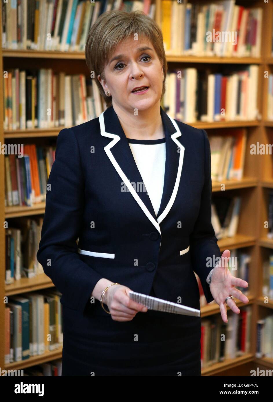 First Minister Nicola Sturgeon announces the new Makar (National Poet for Scotland) Jackie Kay at the Scottish Poetry Library in Edinburgh. Stock Photo
