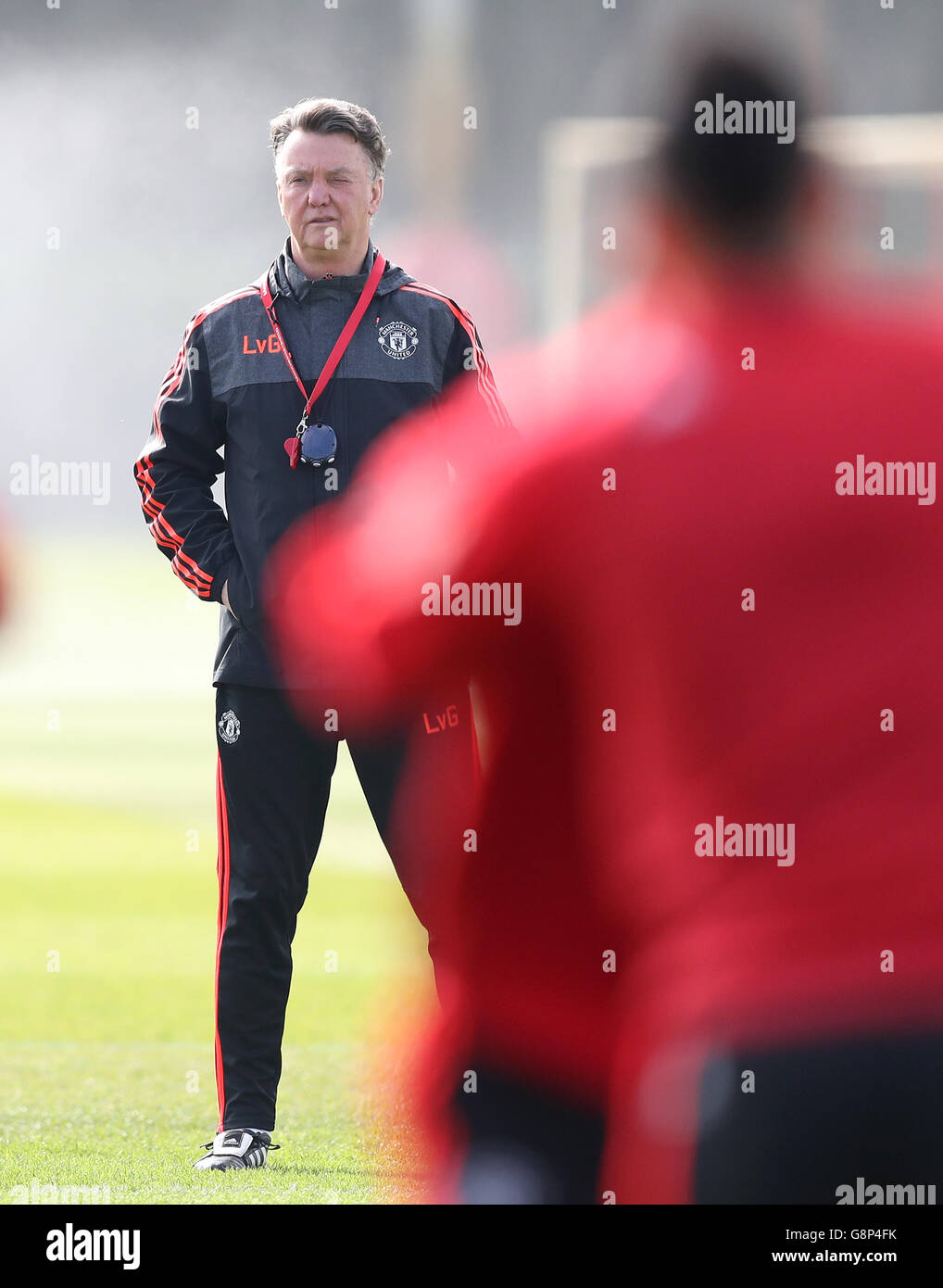 Manchester United manager Louis van Gaal during a training session at the AON Training Complex, Carrington. PRESS ASSOCIATION Photo. Picture date: Wednesday March 16, 2016. See PA story SOCCER Man Utd. Photo credit should read: Martin Rickett/PA Wire. Stock Photo