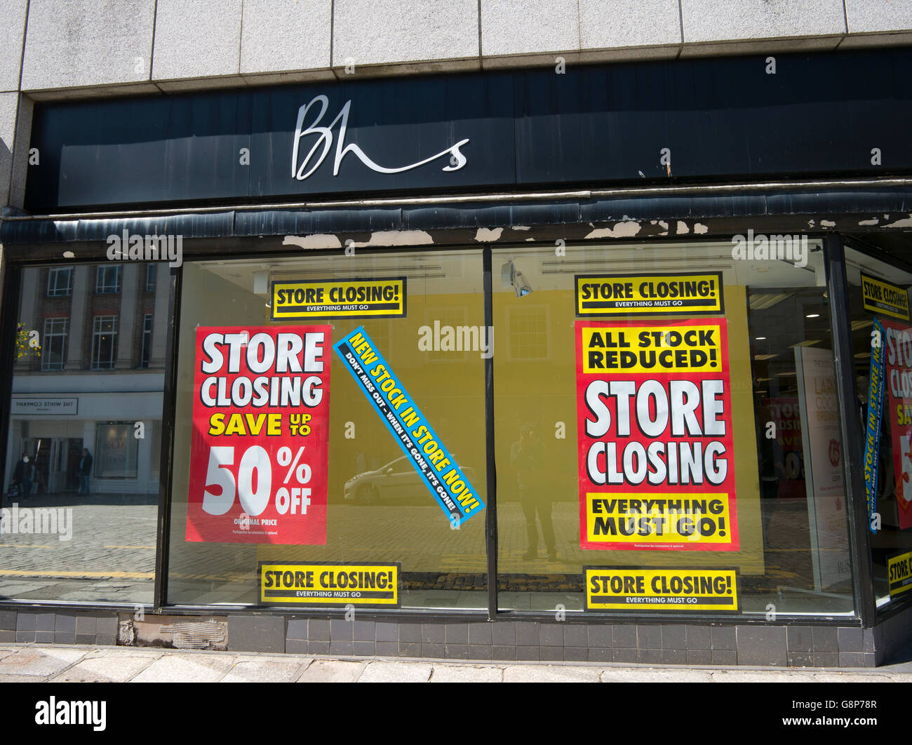 BHS store closing everything must go signs in shop window, Truro